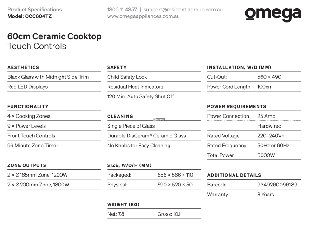 Omega Occ604Tz 60Cm Ceramic Cooktop Touch Controls - Special Order