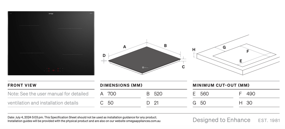 Omega Occ704Tz 70Cm Ceramic Cooktop Touch Controls - Special Order