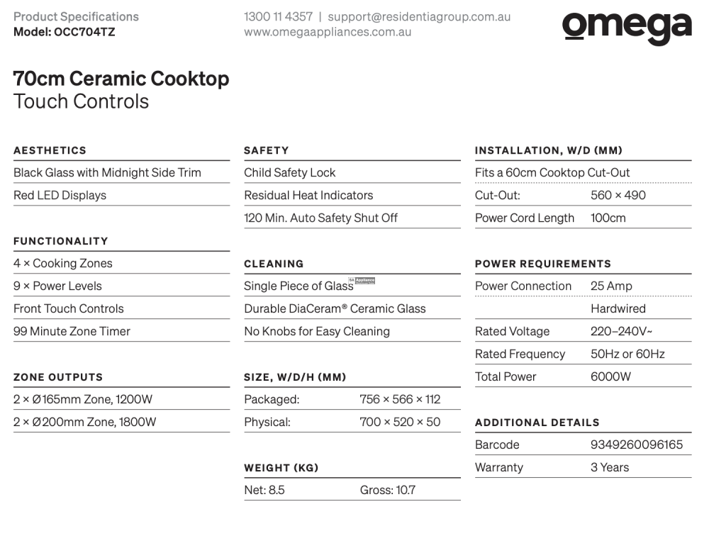 Omega Occ704Tz 70Cm Ceramic Cooktop Touch Controls - Special Order