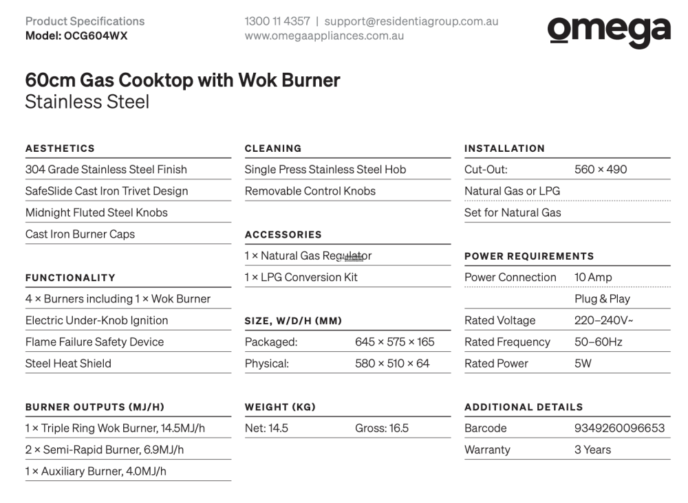 Omega Ocg604Wx 60Cm Gas Cooktop Stainless Steel - Special Order