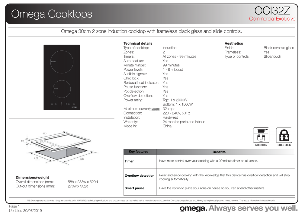 Omega Oci32Z 30Cm Two Zone Induction Cooktop
