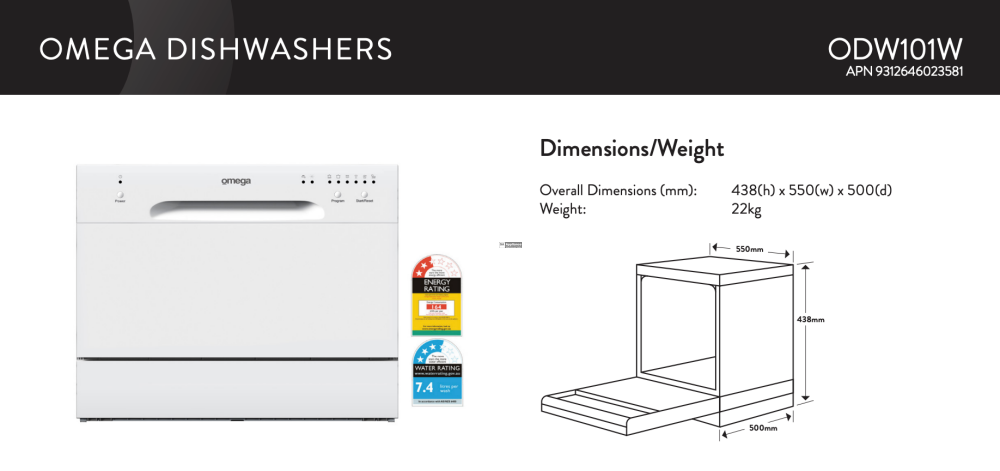 Omega Odw101W 55Cm White Benchtop Dishwasher - Special Order Dishwashers