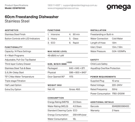 Omega Odwf6014X 60Cm Stainless Steel Freestanding Dishwasher With Cutlery Draw - Special Order