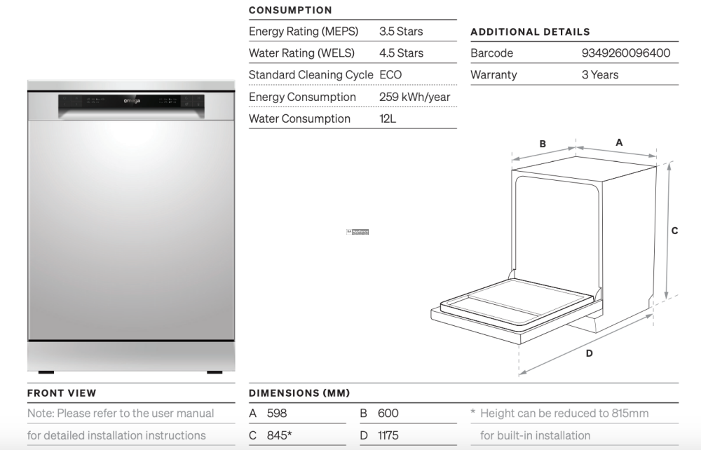Omega Odwf6014X 60Cm Stainless Steel Freestanding Dishwasher With Cutlery Draw - Special Order