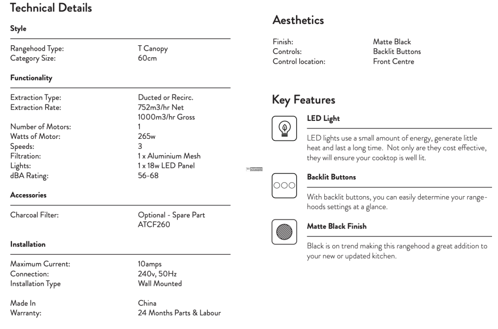 Omega Orc60Mb 60Cm Matte Black Canopy Rangehood - Special Order Rangehoods