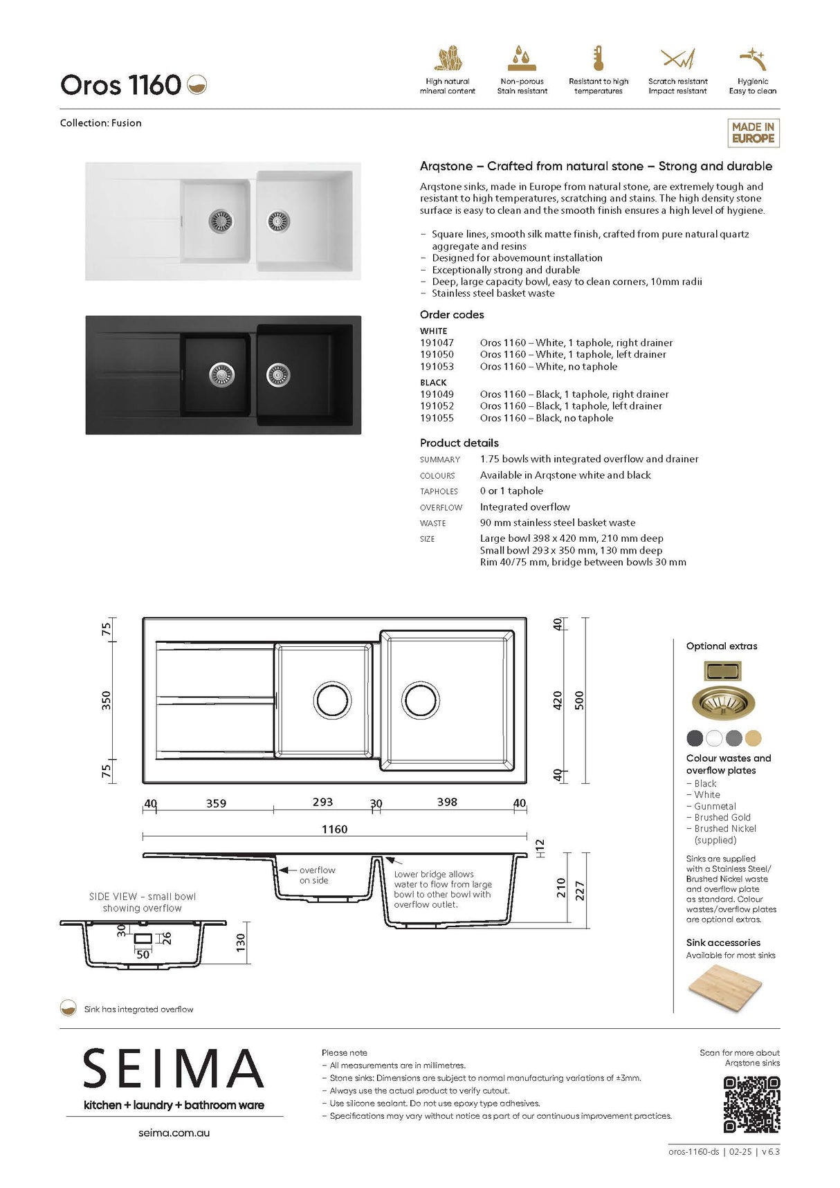 Seima 191053 Oros Arqstone Sink, Abovemount, Right or Left Hand Drainer, No Taphole, White