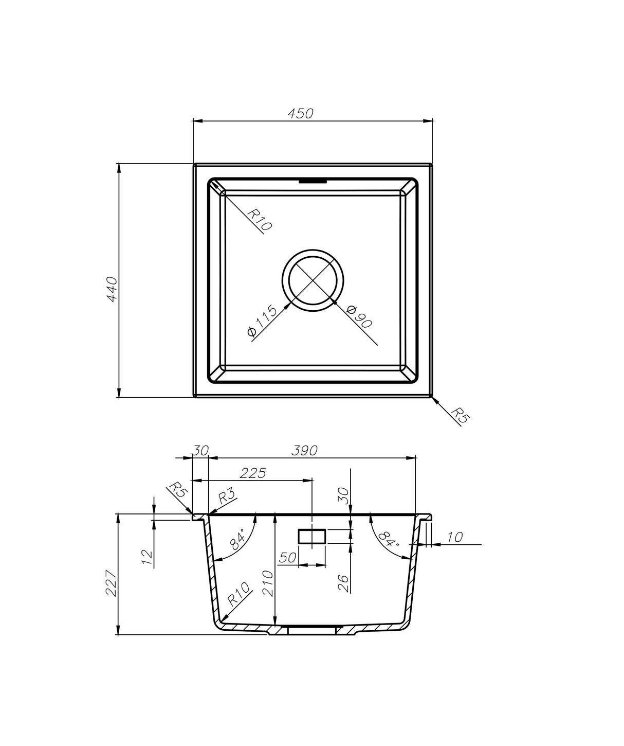 Seima 192182 Oros 450 Sink, Abovemount/Overmount, No Taphole, Black, 450x440mm