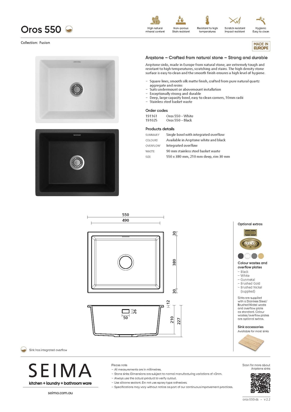 Seima 191025 Oros Sink, Abovemount/Undermount, No Taphole, Black, 550 x 440mm