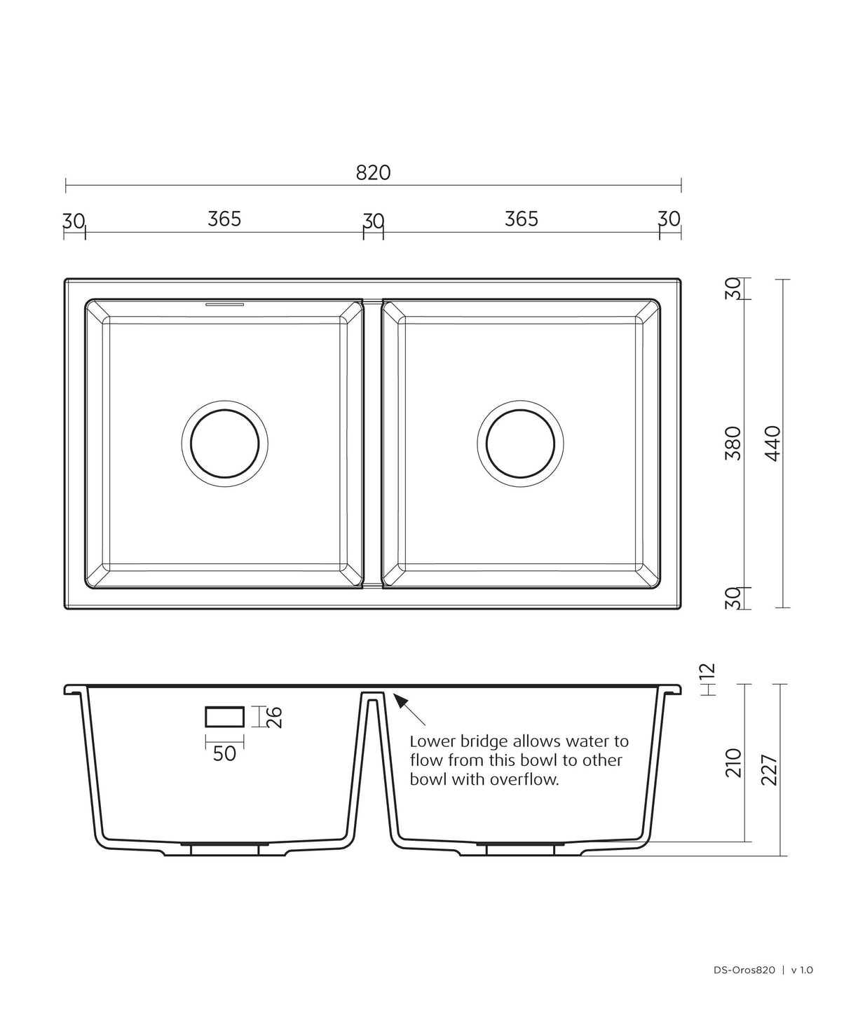 Seima 191040 Oros 820 Double Bowl Arqstone Sink, Abovemount/Undermount, No Taphole, Black, 820 x 440mm