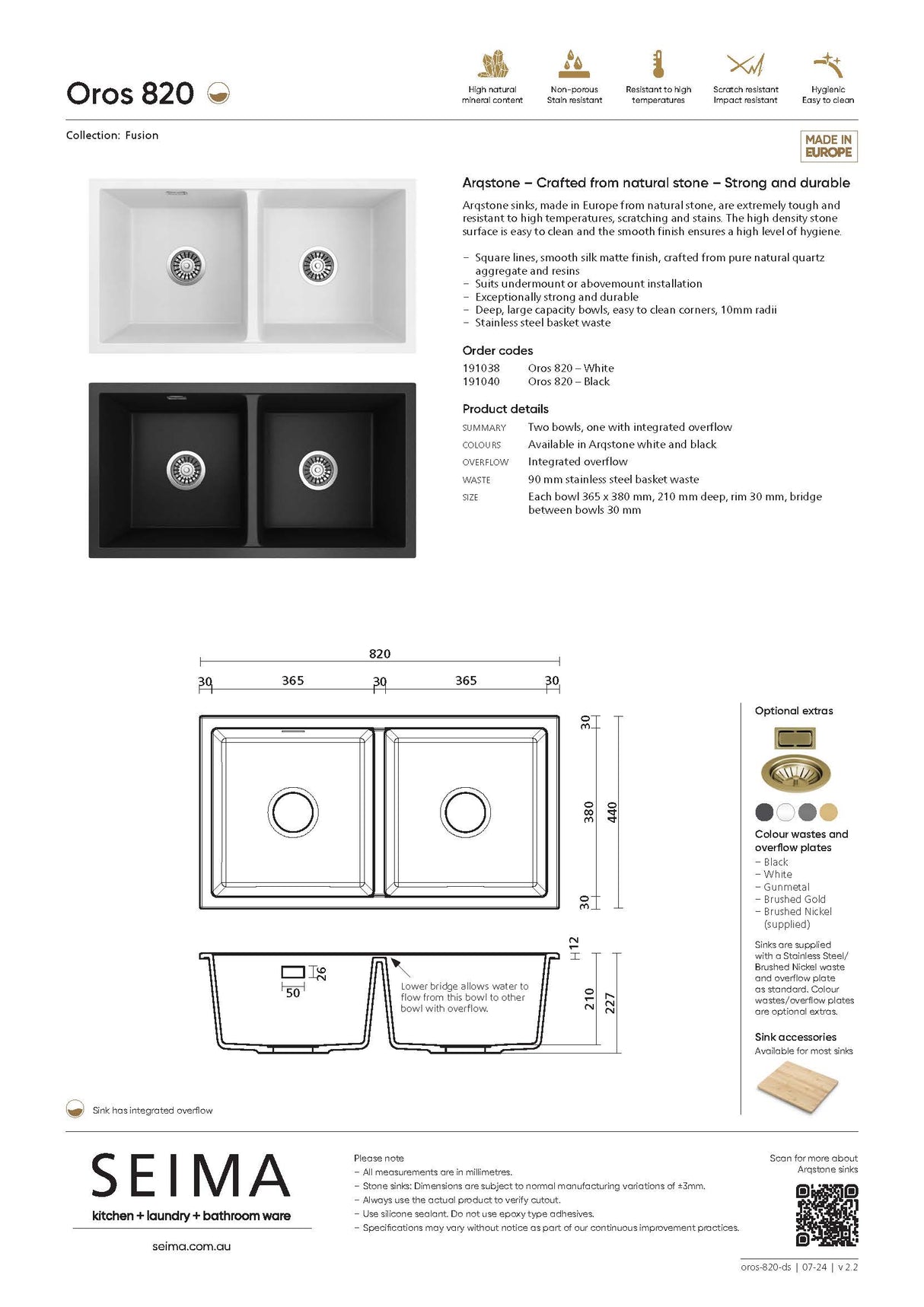 Seima 191040 Oros 820 Double Bowl Arqstone Sink, Abovemount/Undermount, No Taphole, Black, 820 x 440mm