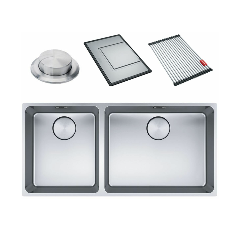 Franke Mythos Double Bowl 895mm Top Mount/ Flush Mount/ Undermount Stainless Steel with Accessories, MYX220-50/34FPCSBL