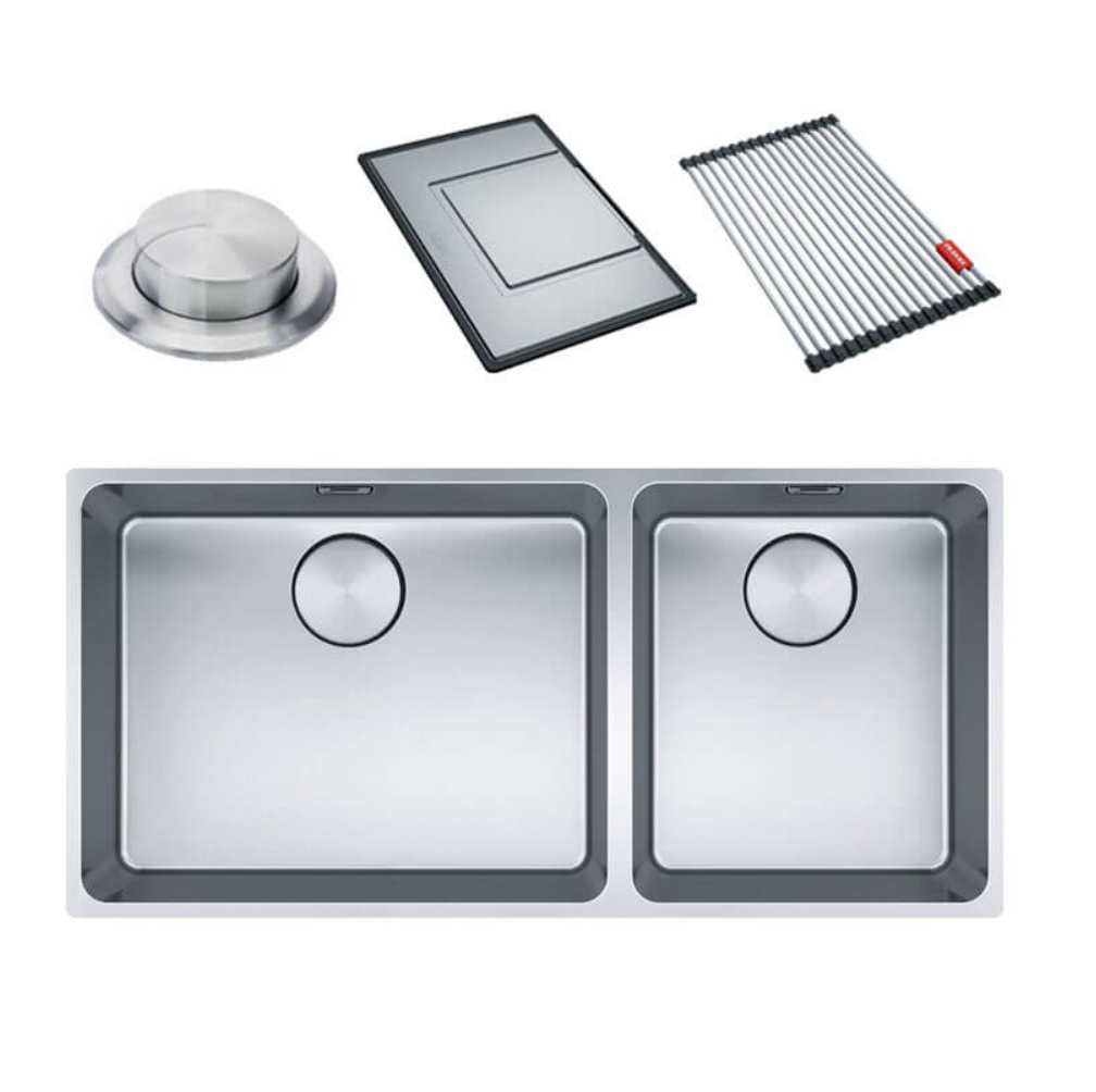 Franke Mythos Double Bowl 895mm Top Mount/ Flush Mount/ Undermount Stainless Steel with Accessories, MYX220-50/34FPCSBR