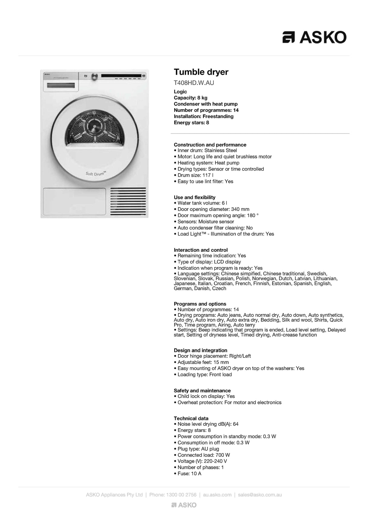 ASKO T408HD 8kg Logic Heat Pump Dryer White - ASKO Factory Seconds - Heat Pump Dryers