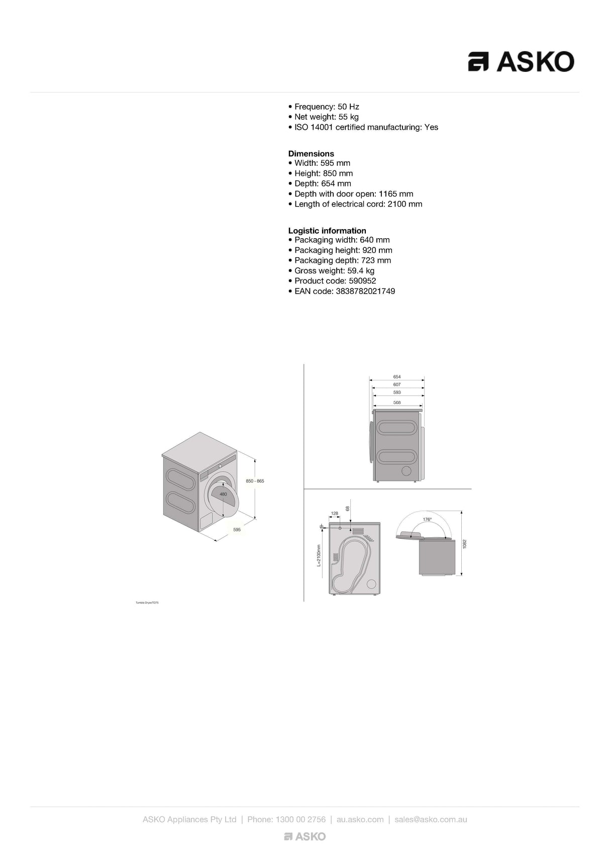 ASKO T408HD 8kg Logic Heat Pump Dryer White - ASKO Factory Seconds - Heat Pump Dryers
