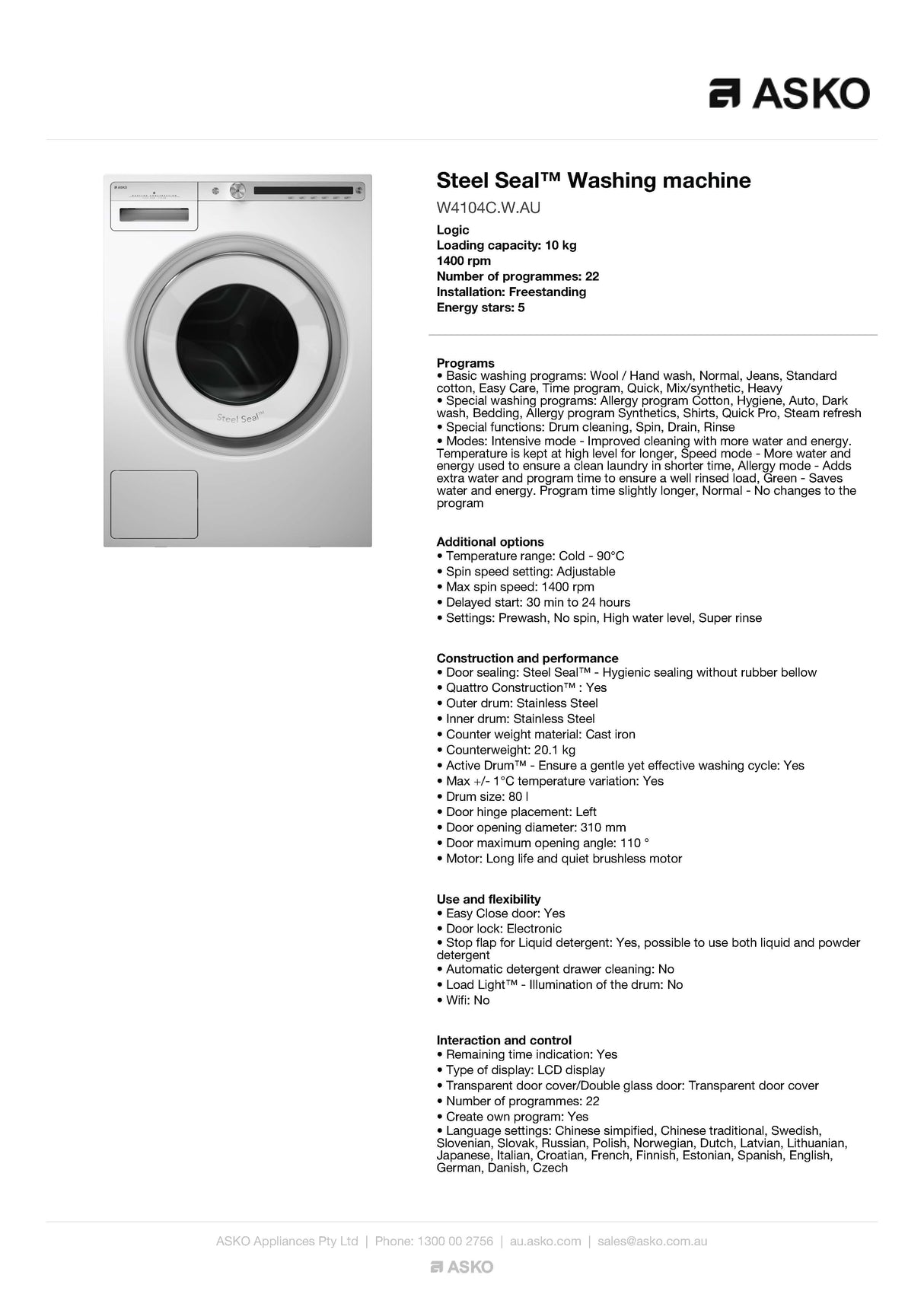 ASKO W4104CWAU 10kg Front Load Washing Machine, White - Factory Seconds