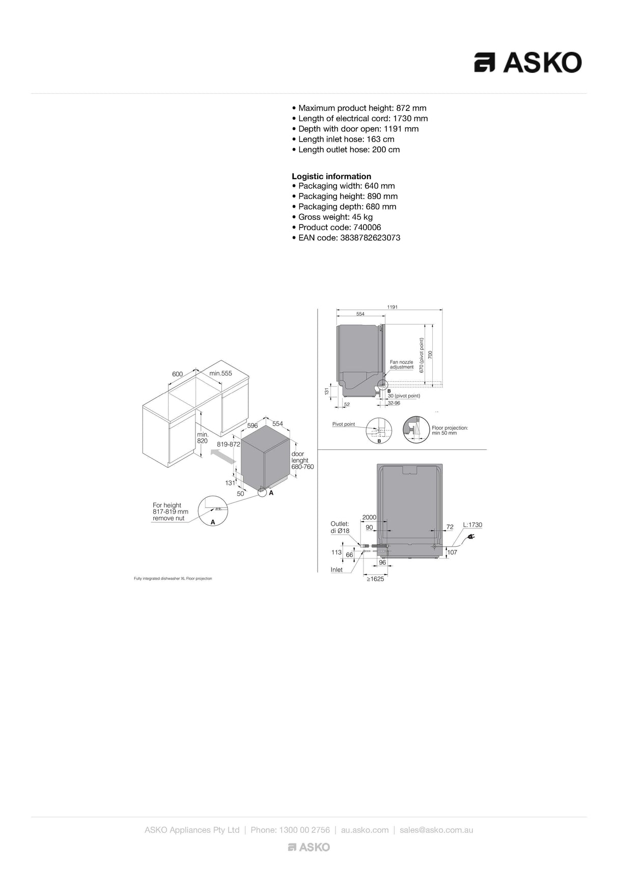 ASKO DFI766UAU Style Fully Integrated Dishwasher - ASKO Seconds Discount