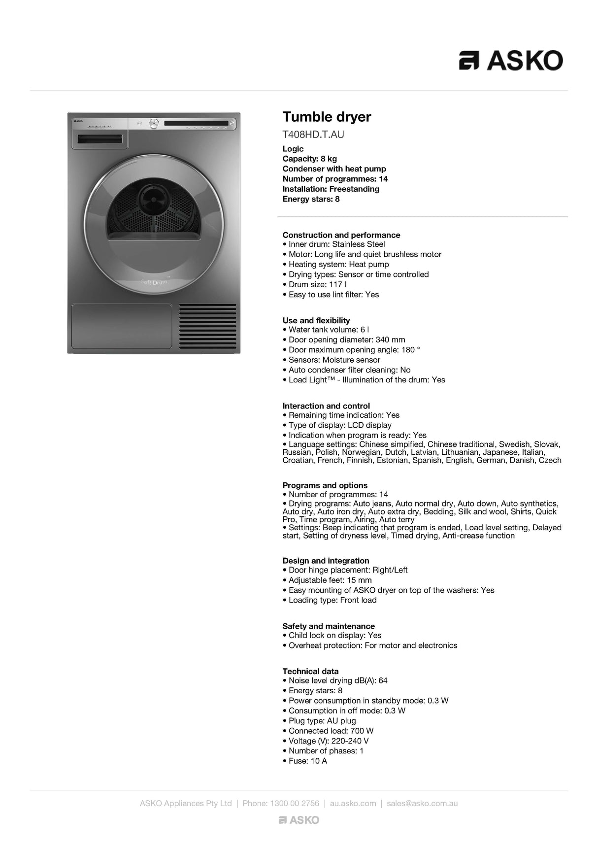 ASKO T408HDTAU 8kg Logic Heat Pump Dryer, Titanium - ASKO Factory Seconds