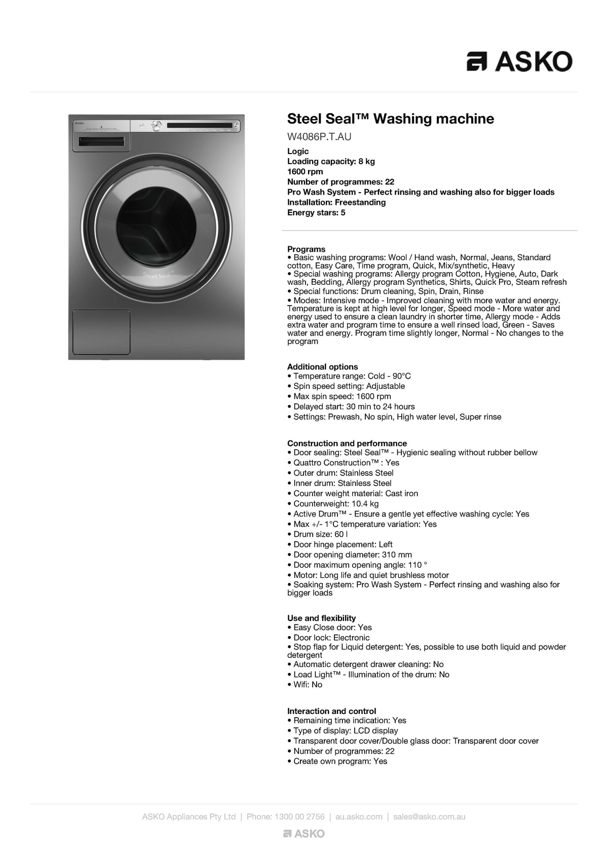 ASKO W4086PTAU 8kg Front Load Pro Wash Washing Machine, Titanium - New, Carton Damage Only