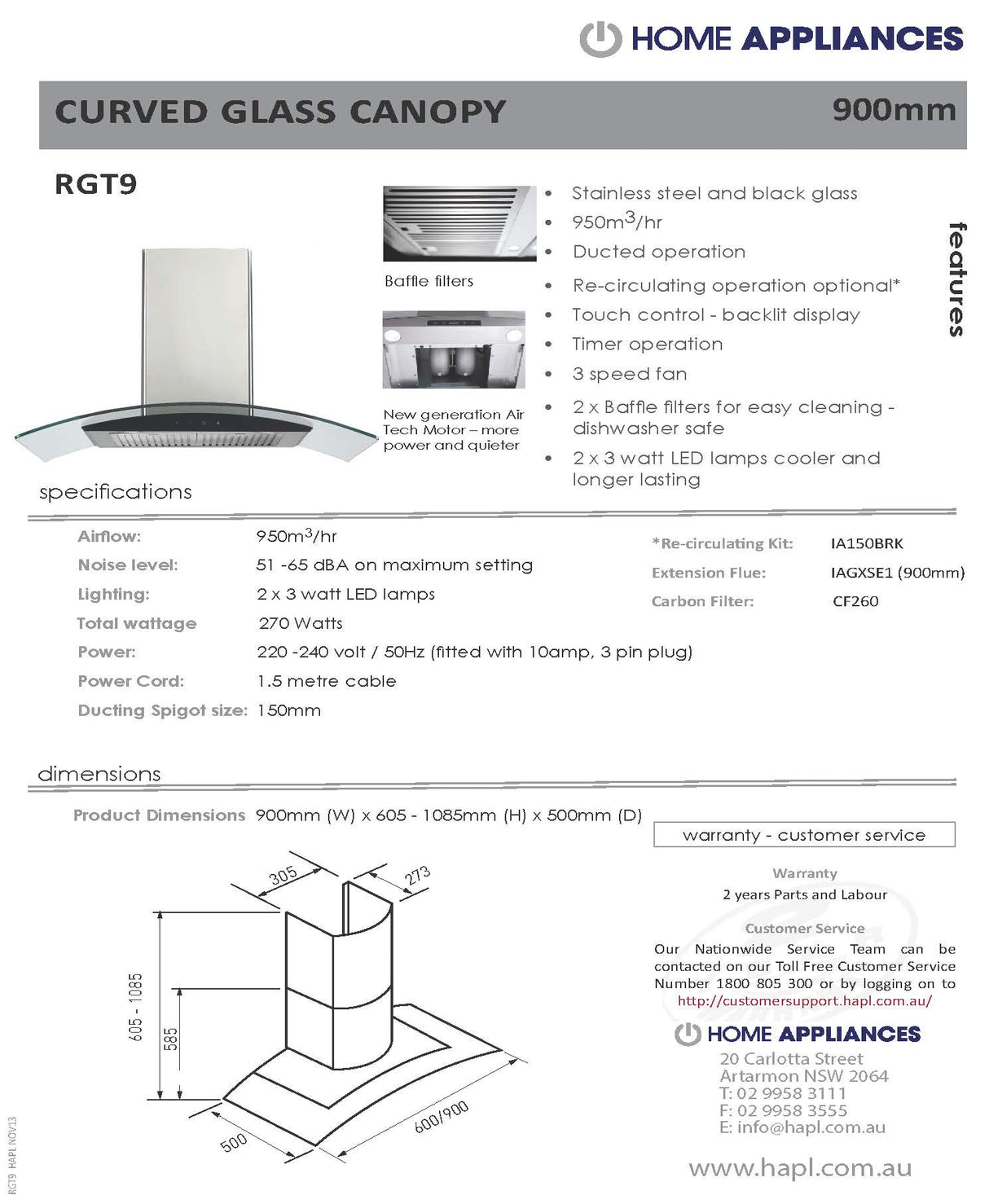 Euromaid RGT9 90cm Curved Glass Canopy Rangehood