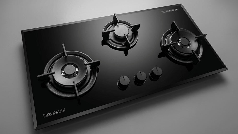 Goldline SAB3GL 86cm Black Glass Narrow 3 Burner Gas Cooktop
