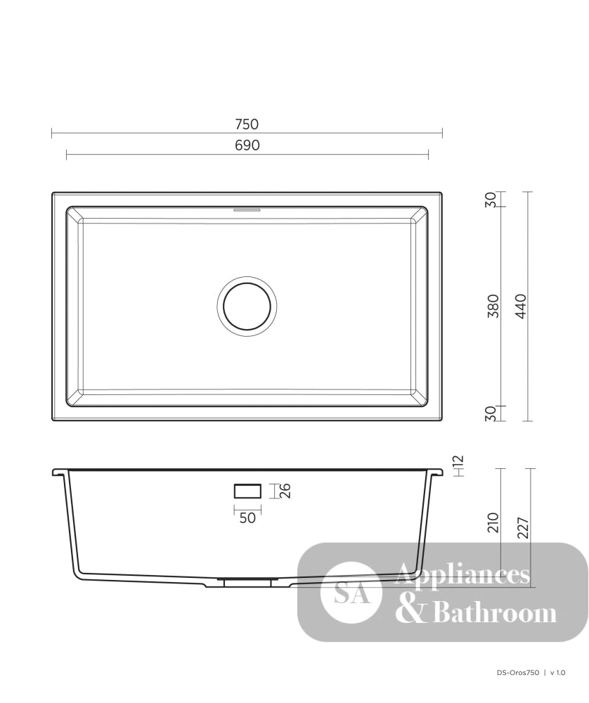 Seima 191037 Oros Arqstone Sink Abovemount/Undermount No Taphole Black 752 x 440mm - Sinks