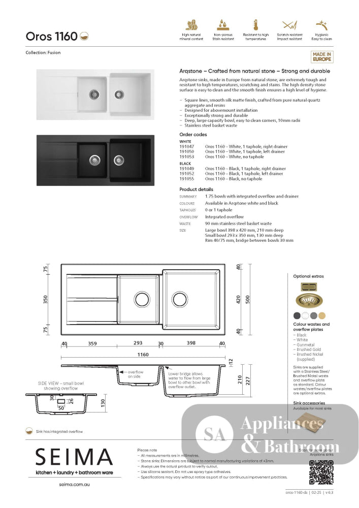Seima 191052 Oros Sink Abovemount Left Hand Drainer One Taphole Black 1160 x 500mm - Sinks