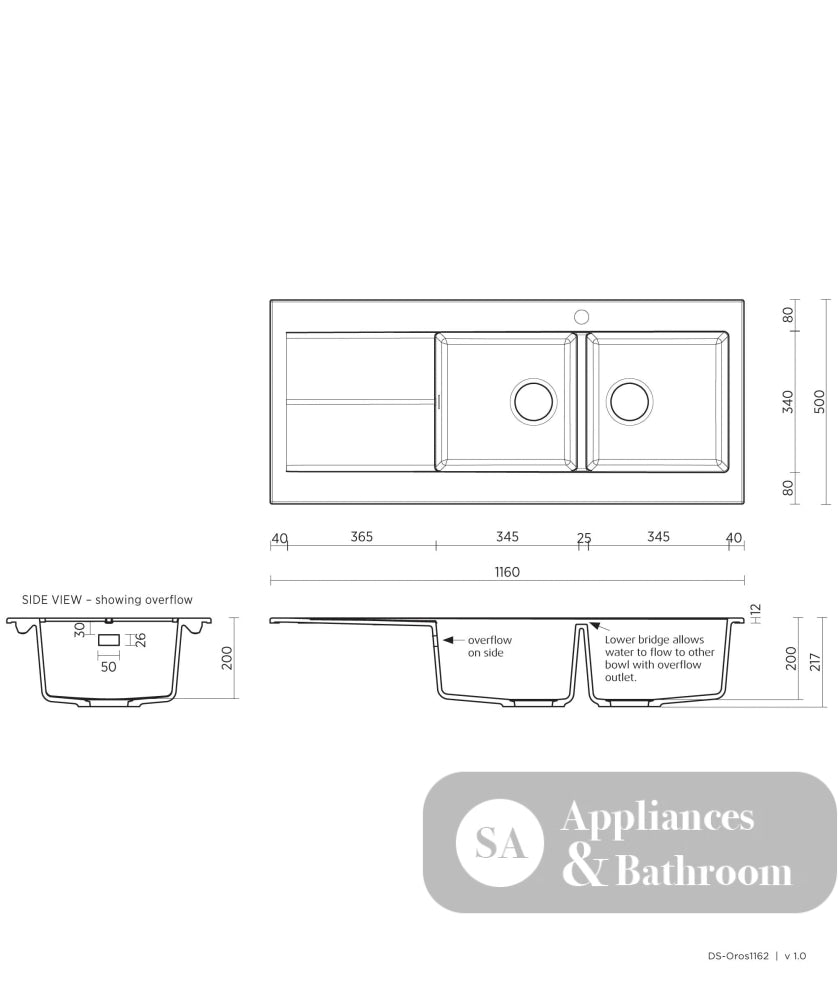 Seima 191061 Oros Sink Abovemount One Taphole Black 1160mm x 500mm - Sinks