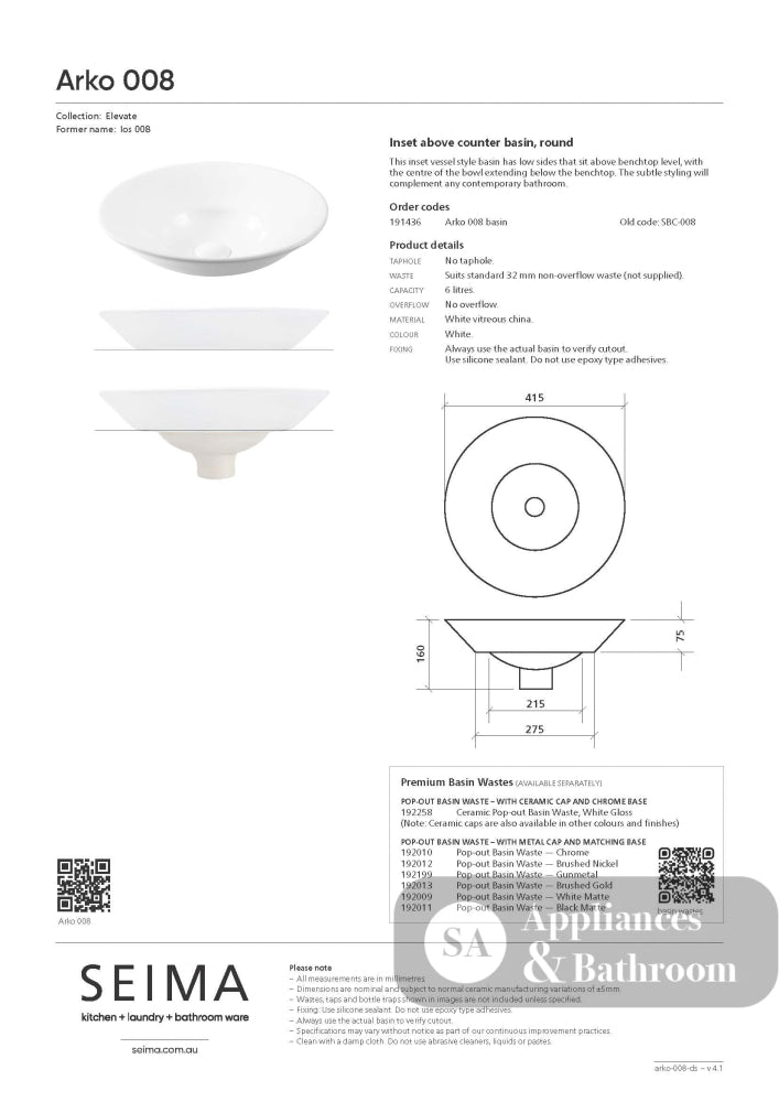 Seima 191436 Arko 008 Above Counter Basin White No Taphole - Basins