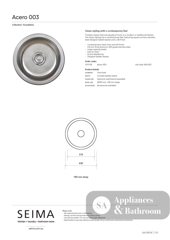 Seima 191578 Acero 003 Single Bowl Round Sink No Taphole - Sinks