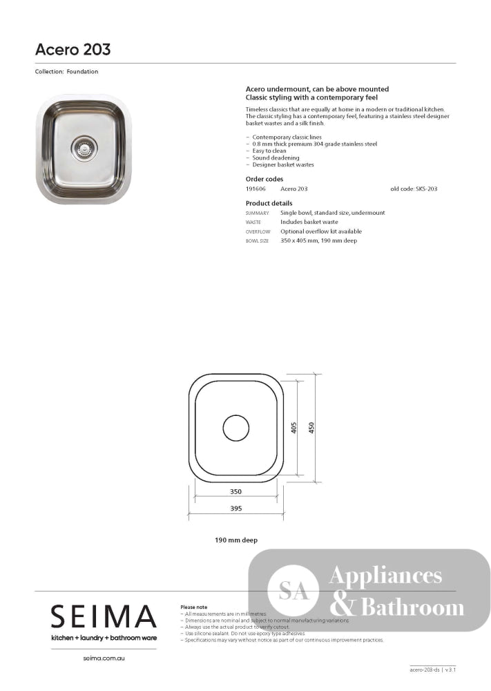 Seima 191606 Acero 203 Single Bowl Sink No Taphole - Sinks