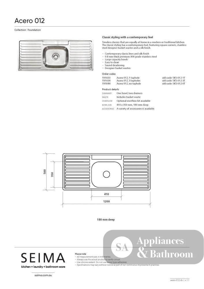 Seima 191844 Acero 012 Single Bowl Sink Abovemount (No taphole) Stainless Steel 1200x500mm - Sinks