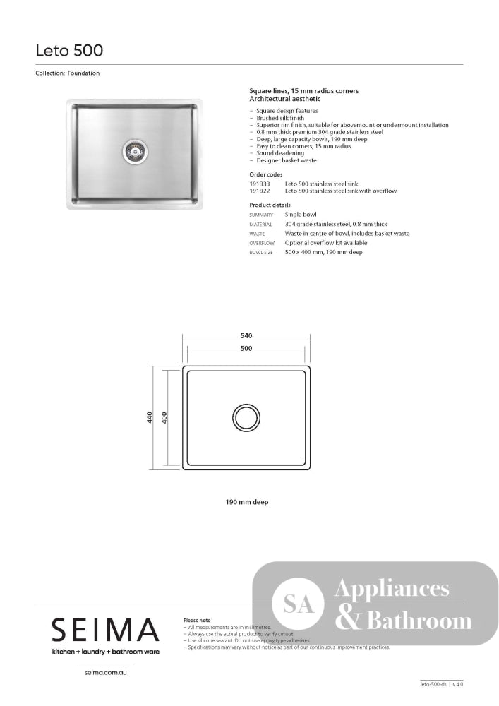 Seima 191922 Leto Sink 500 Single Bowl Abovemount/Undermount with Overflow Stainless Steel 540x440mm - Sinks