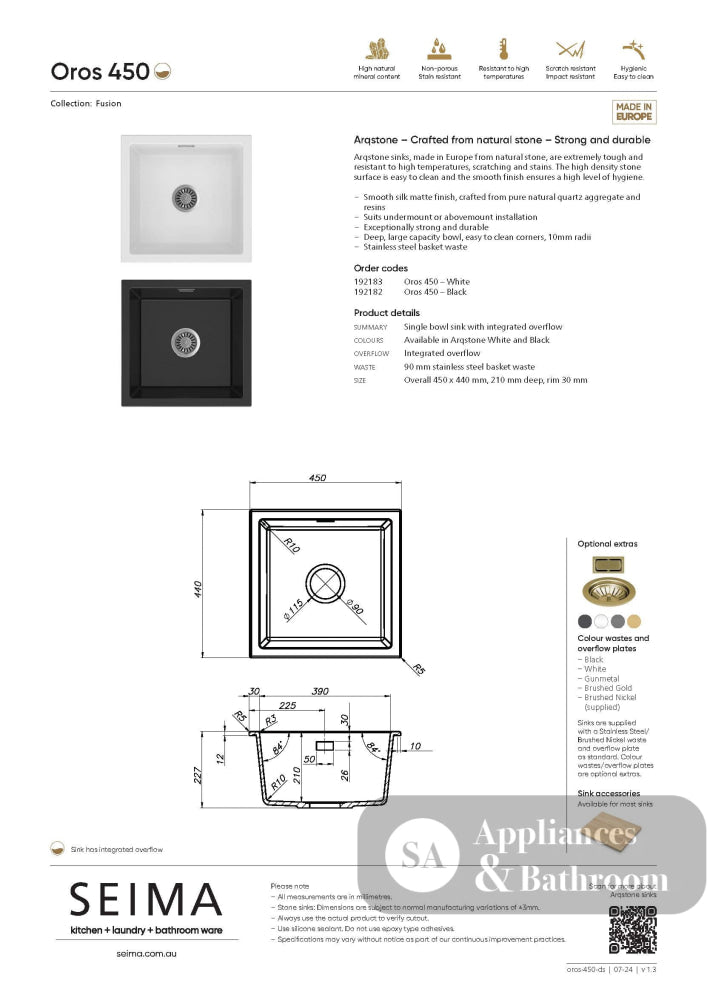 Seima 192183 Oros Arqstone Sink Abovemount/Overmount No Taphole White 450x440mm - Sinks