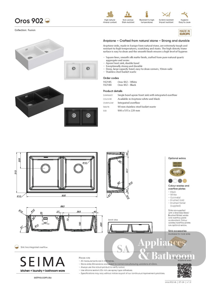 Seima 192185 Oros 902 Double Bowl Butler Sink No Taphole White 900x515mm - Butler Kitchen Sinks