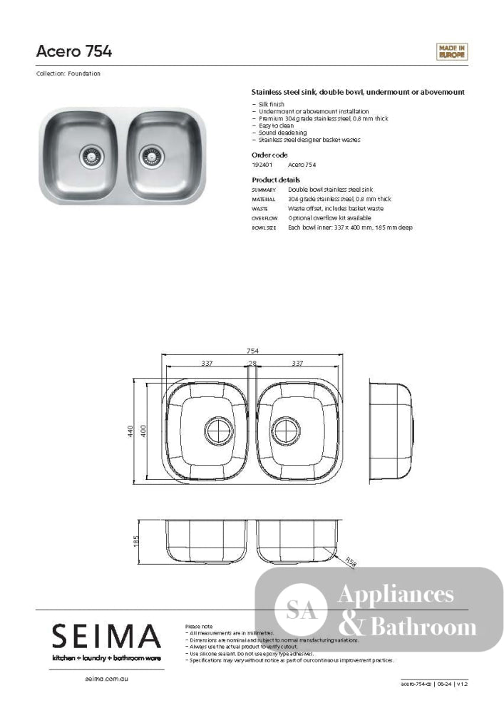 Seima 192401 Acero 754 Sink Undermount Stainless Steel - Sinks