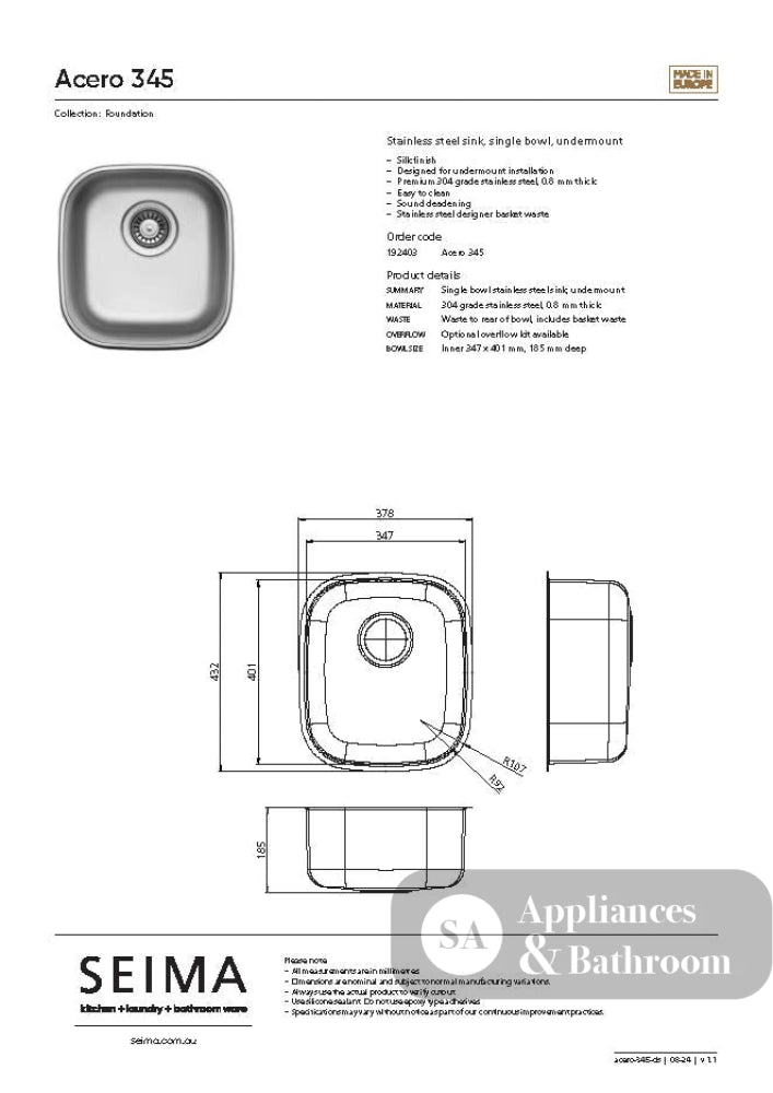 Seima 192403 Acero 345 Sink Undermount Stainless Steel - Sinks