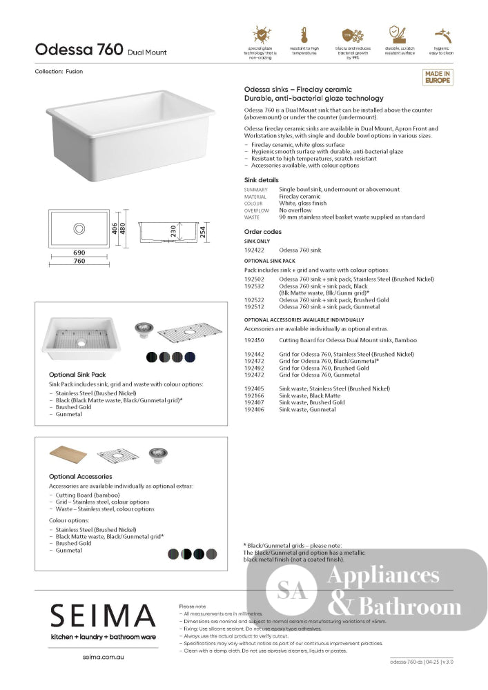 Seima 192502 Odessa 760 Ceramic Butler Sink Single Bowl 760x480mm Abovemount/Undermount White Gloss with Stainless