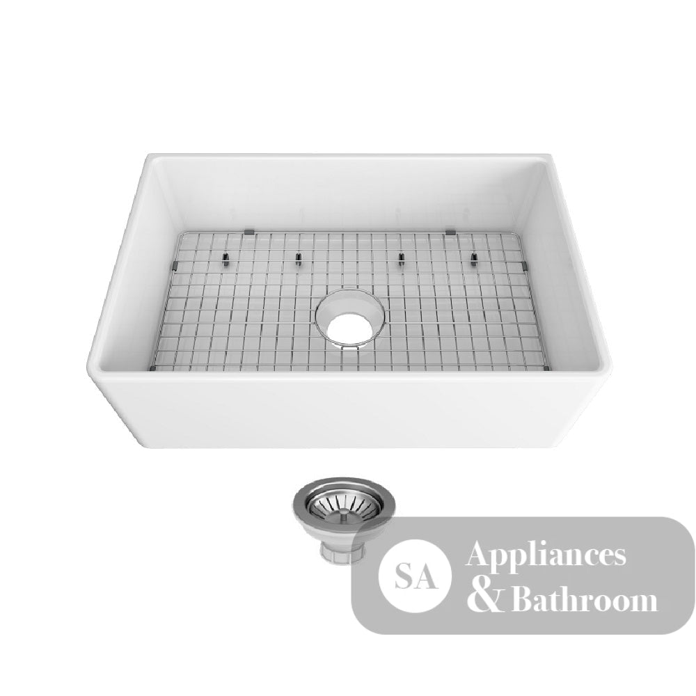 Seima 192514 Odessa 761 Ceramic Butler Sink Single Bowl 760x485mm Apron Front White Gloss with Gunmetal Basket Waste &