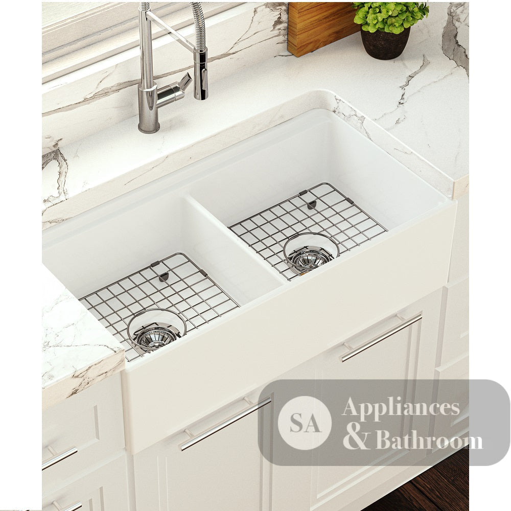 Seima 192517 Odessa 922 Ceramic Butler Sink Double Bowl 915x485mm Workstation White Gloss with Gunmetal Basket Waste &