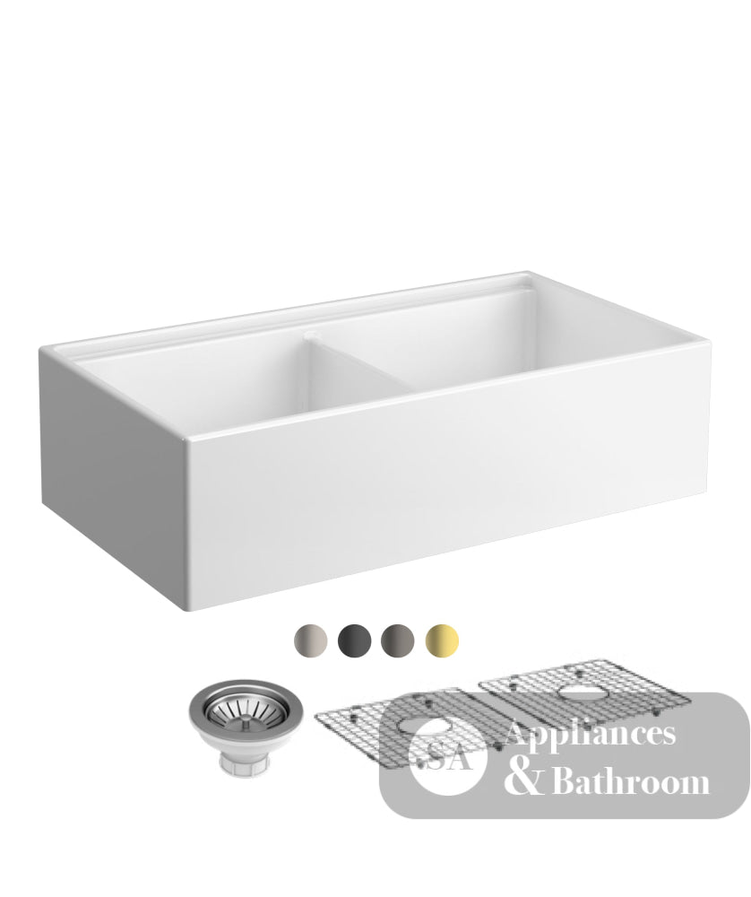 Seima 192517 Odessa 922 Ceramic Butler Sink Double Bowl 915x485mm Workstation White Gloss with Gunmetal Basket Waste &
