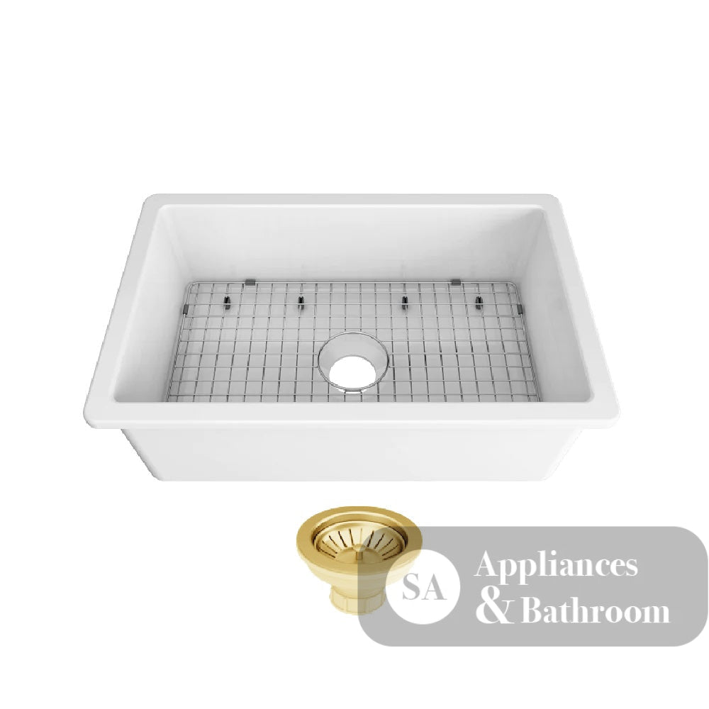 Seima 192522 Odessa 760 Ceramic Butler Sink Single Bowl 760x480mm Abovemount/Undermount White Gloss with Brushed Gold