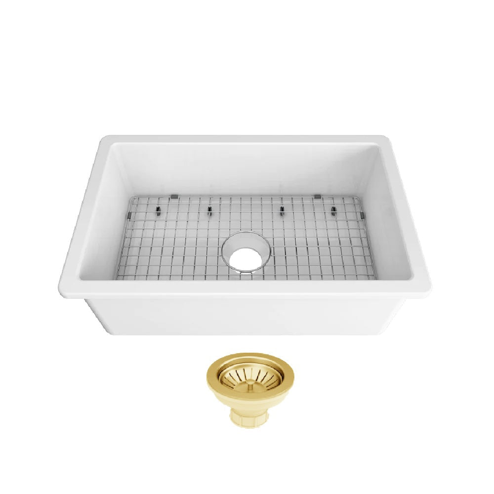 Seima 192524 Odessa 761 Ceramic Butler Sink Single Bowl 760x485mm Apron Front White Gloss with Brushed Gold Basket