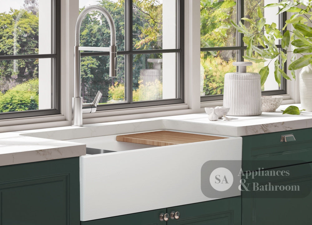 Seima 192526 Odessa 920 Ceramic Butler Sink Single Bowl 915x485mm Workstation White Gloss with Brushed Gold Basket