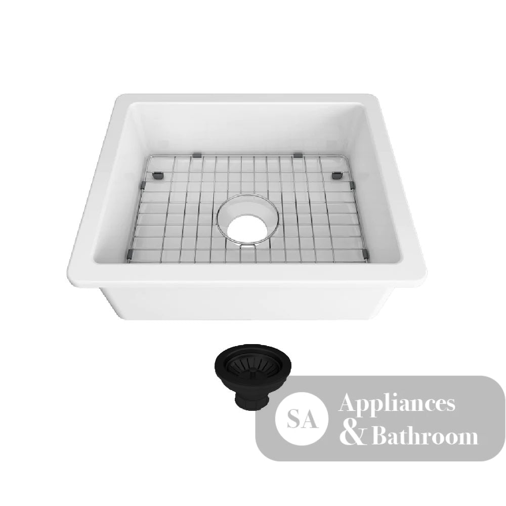 Seima 192533 Odessa 610 Ceramic Butler Sink Single Bowl 610x485mm Abovemount/Undermount White Gloss with Black Basket