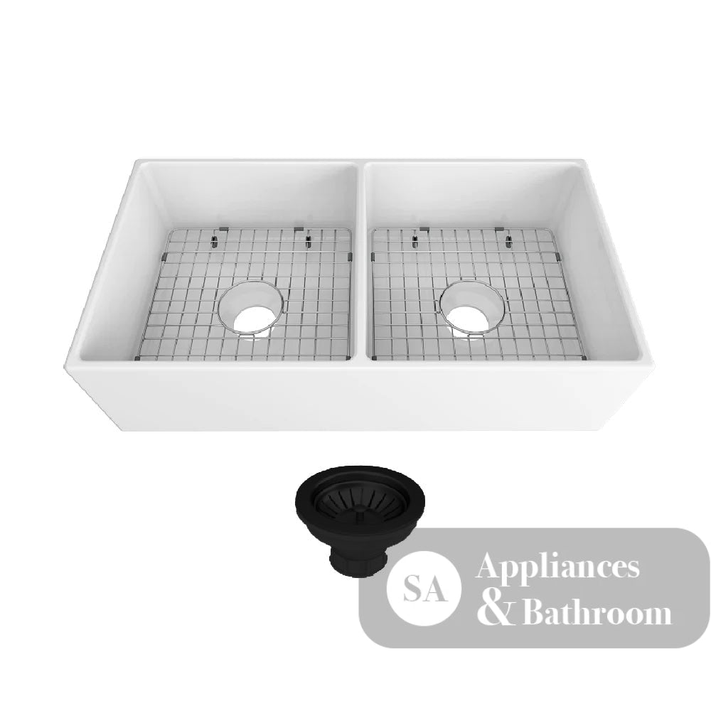 Seima 192534 Odessa 761 Ceramic Butler Sink Single Bowl 760x485mm Apron Front White Gloss with Black Basket Waste &