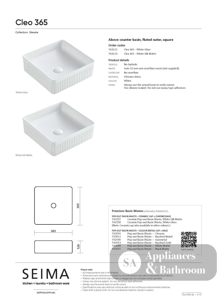 Seima 192623 Cleo 365 Fluted Square Above Counter Basin 365x365mm Matte White - Above Counter Basins