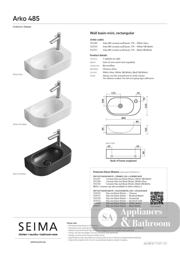Seima 192749 Arko 485 Wall Hung Basin 400x215mm (1 Taphole) Gloss White - Basins