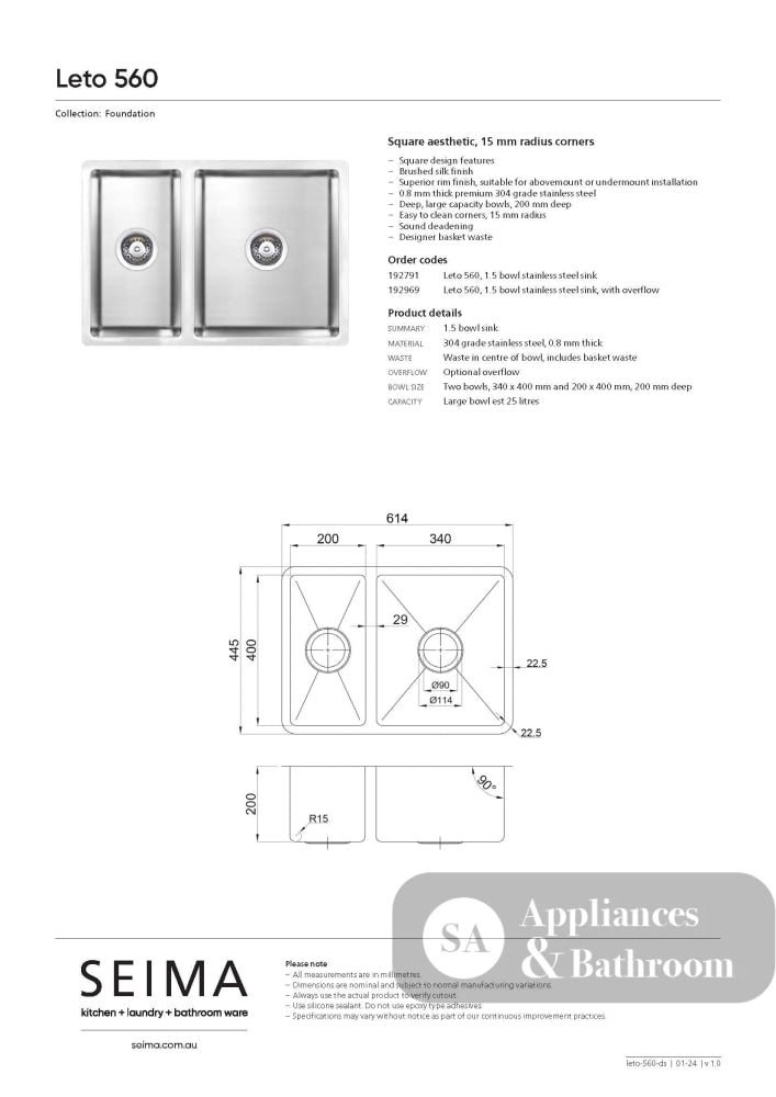 Seima 192791 Leto Sink 560 1 & 1/2 Bowl Abovemount/Undermount no Taphole Stainless Steel 560x445mm - Sinks