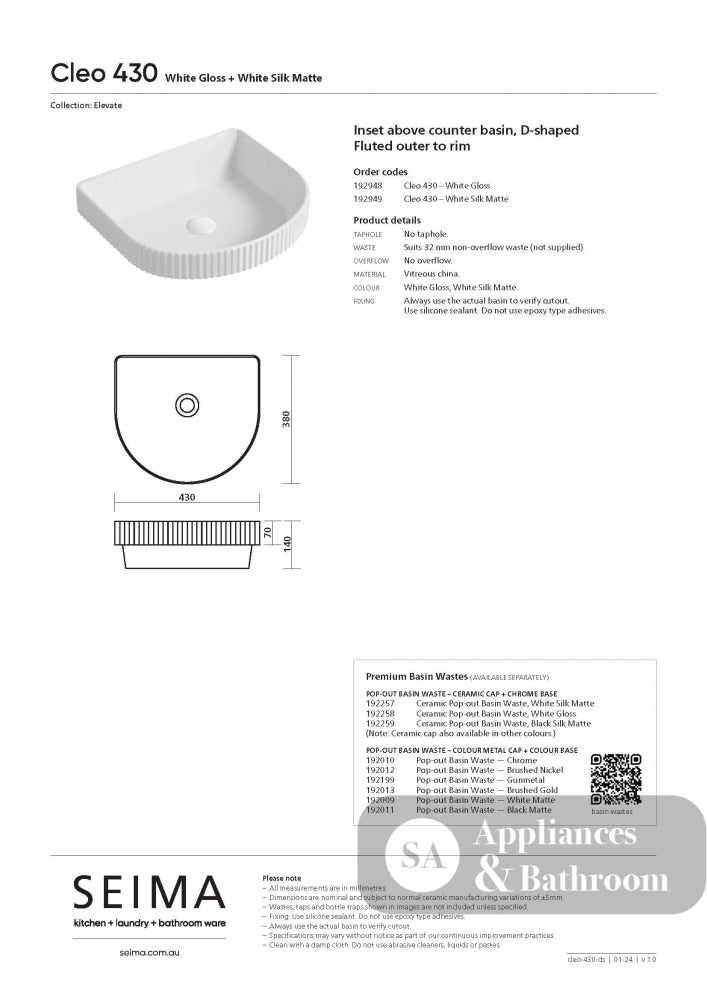 Seima 192948 Cleo 430 Fluted D-Shape Semi-Inset Basin 430x380mm Gloss White - Above Counter Basins