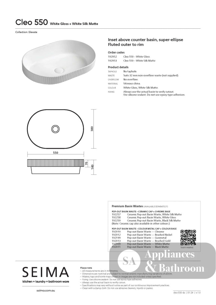 Seima 192953 Cleo 550 Fluted Ellipse Semi-Inset Basin 550x380mm Matte White - Above Counter Basins